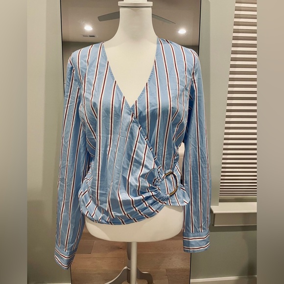 Veronica Beard Ozzie wrap-effect striped cotton-blend poplin top - Picture 2 of 16